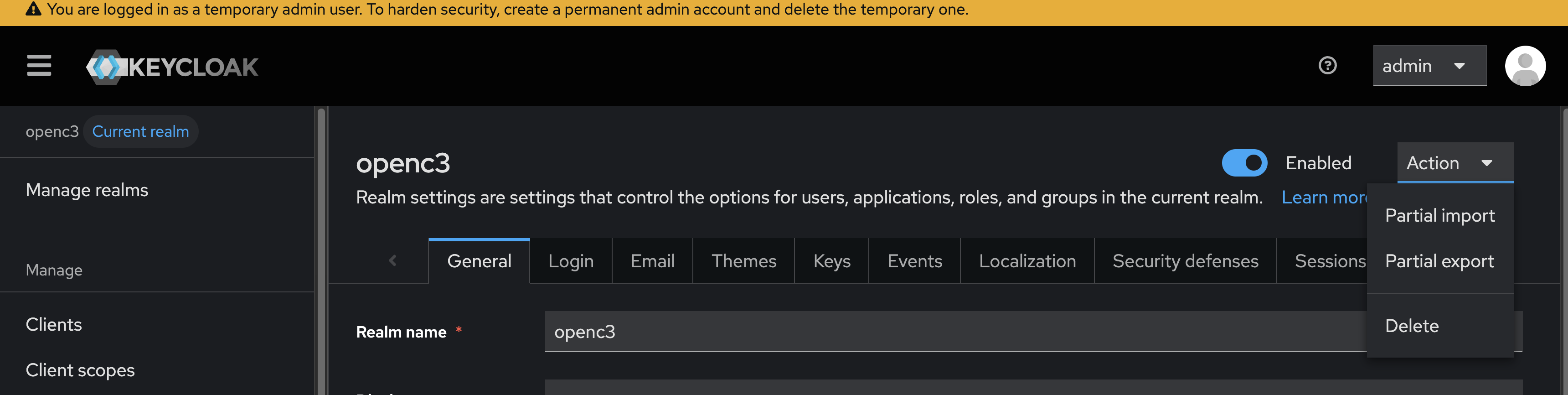 Partial import action in Realm Settings